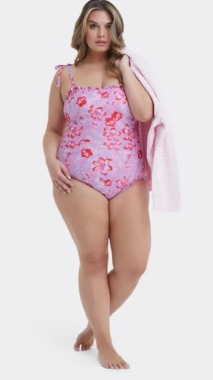 NWT Draper James Frill Top One Piece Floral Purple Hibiscus Swimsuit 3X